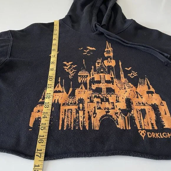 Disney Goth Cropped Boxy Hooded Sweatshirt Black With Orange Castle Halloween S - Picture 7 of 8